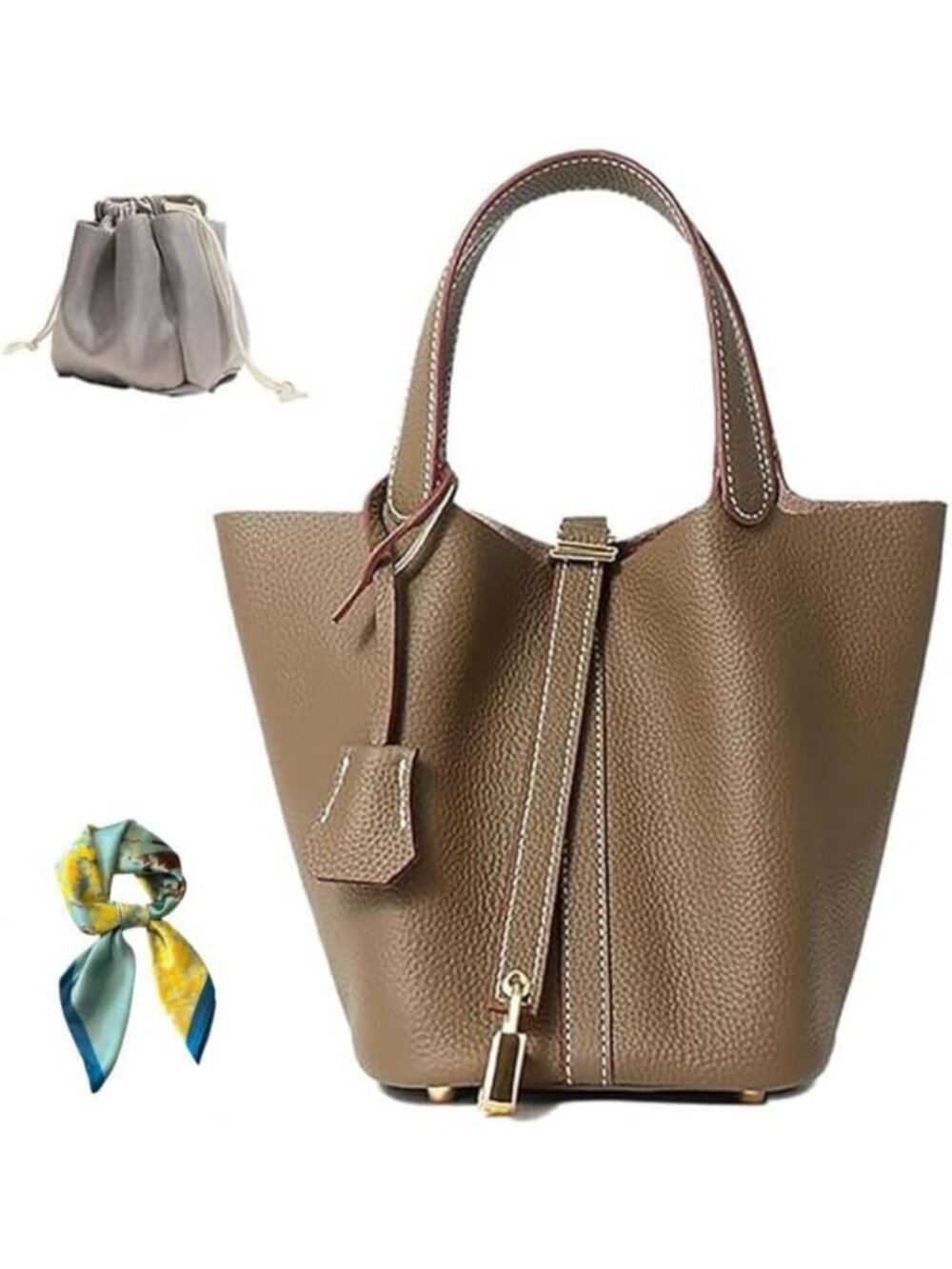 Stylish Genuine Leather Bucket Bag for Women - Versatile Lock Design Tote
